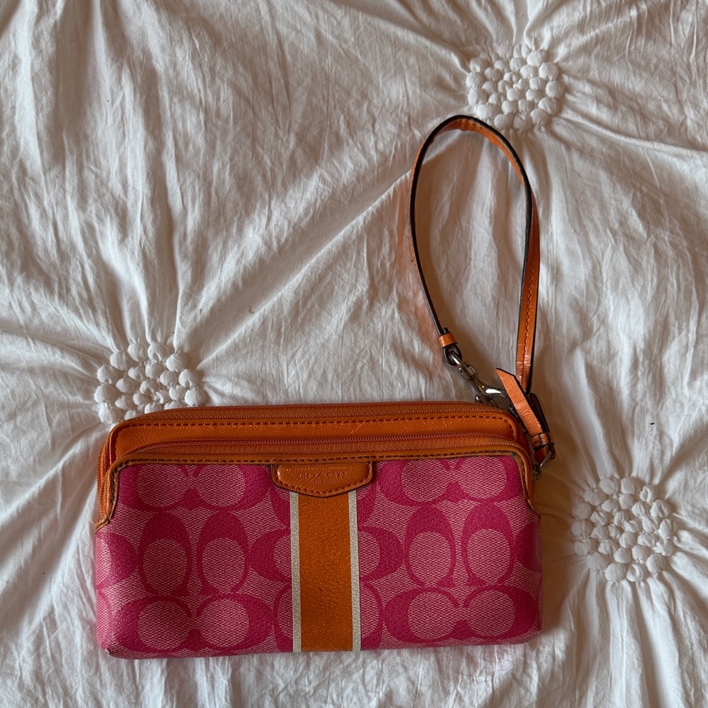 Coach- Pink & Orange with Coach logo wallet/ Clutch Wristlet. 2 compartments.
